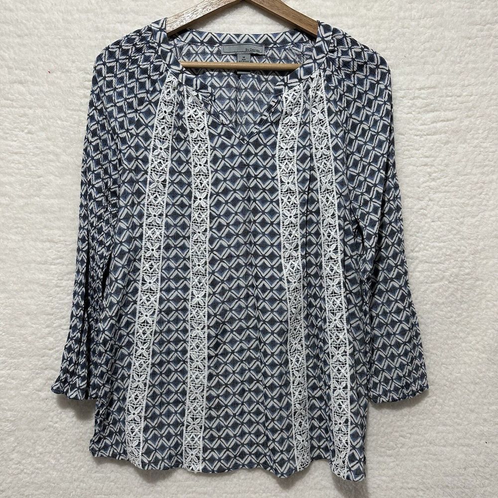 By Design Womens Multicolor Geometric Print Crochet Trim Long Sleeve Blouse Sz M